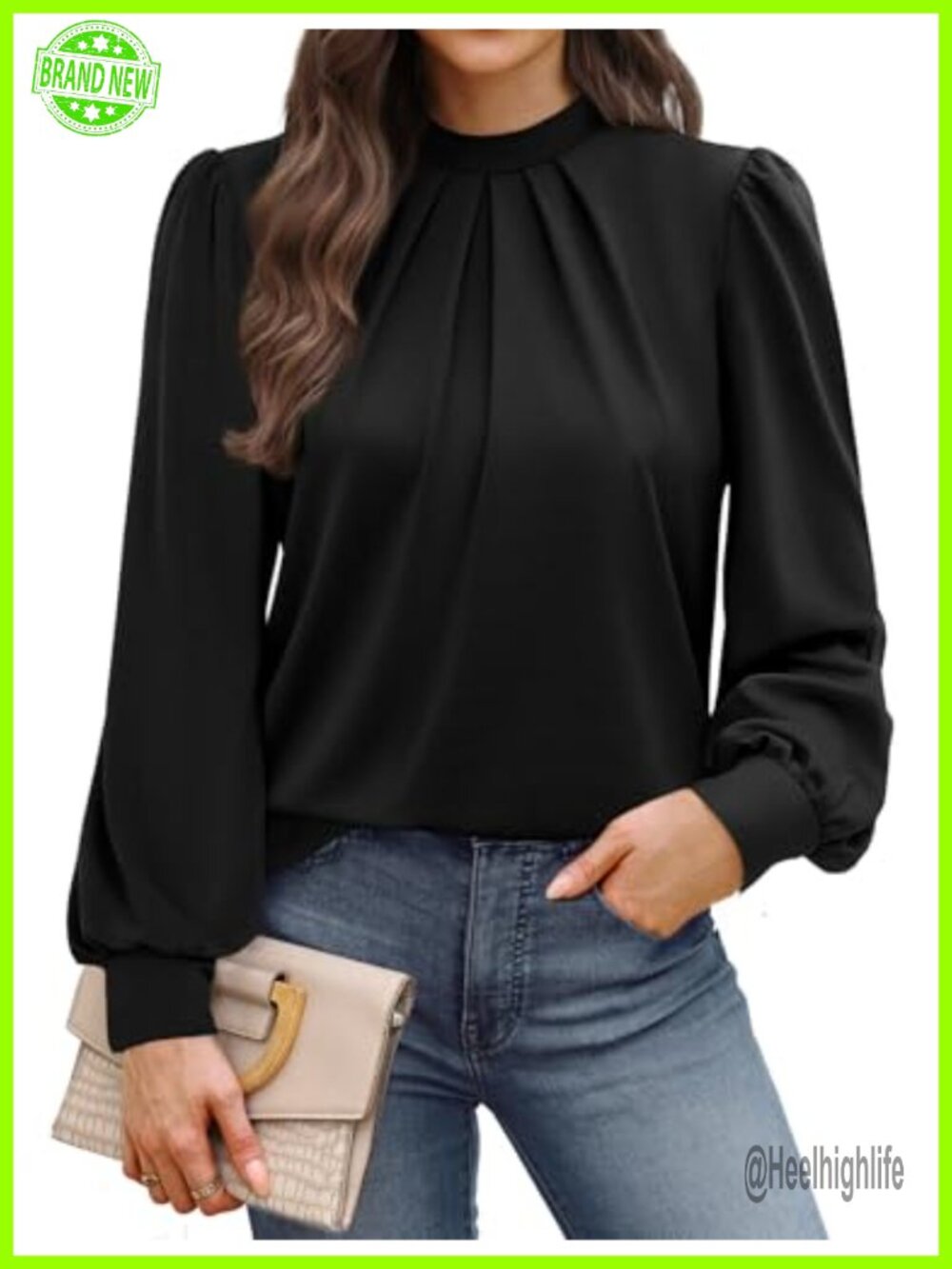 Long Sleeve Mock Neck Pleated Front Blouse Dressy Casual Spring